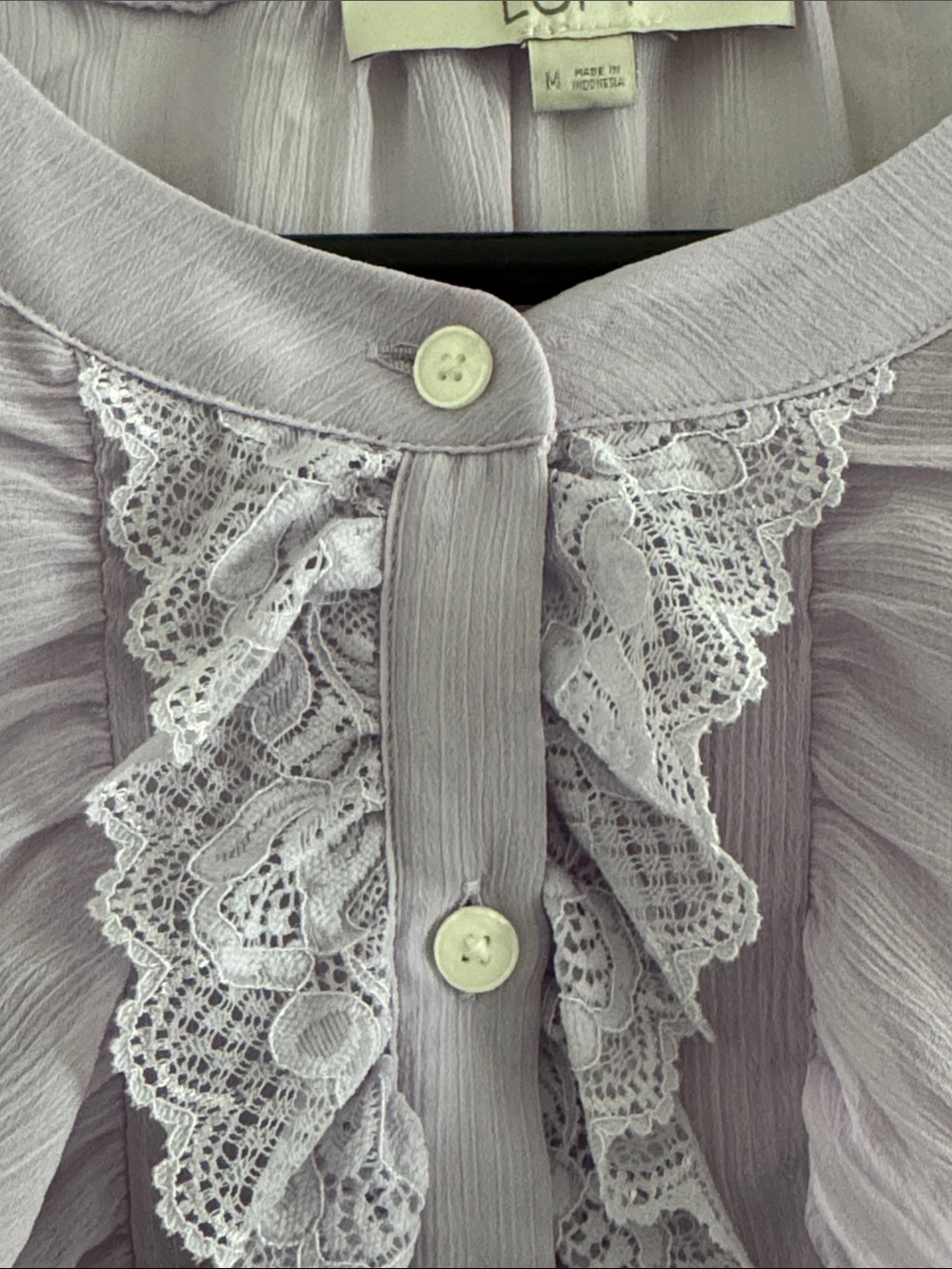 LOFT Lilac Ruffle Lace Button-Front Blouse - Picture 5 of 11
